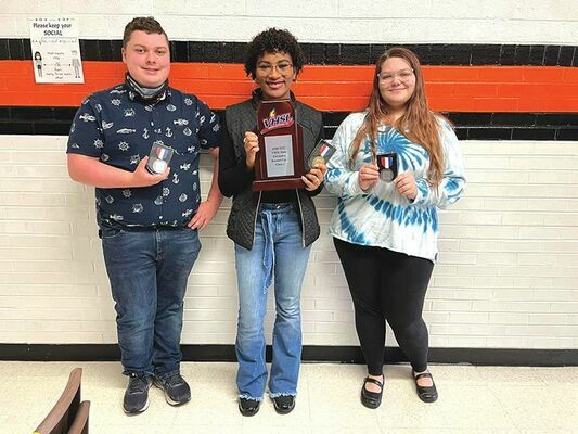 Burton High School individual forensic state competition winners include Noah Elkins, second place, storytelling; Shamiyeh Noel, first place, humorous interpretation; and Elora Hutchinson, second place, serious dramatic interpretation. The Raiders are the 2021 Class 1A runners-up.  ASHLEY ADDISON PHOTO