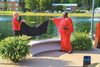 UVA Wise Chancellor Donna P. Henry and Reverend Sandra Jones unveil the inaugural University of Virginia Memorial Bench on UVA Wise’s campus Saturday afternoon. The curved concrete bench, which overlooks the Plaza by the Lake, honors Jones as a transformational community leader.