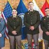 From left, three UVA Wise 2022 graduating seniors were sworn in Friday, May 13, as newly minted officers during the ROTC commissioning ceremony. From left are Chancellor Donna P. Henry with Second Lieutenants Lacey Austin, Jacob Johnson and Gabriel Tolley.