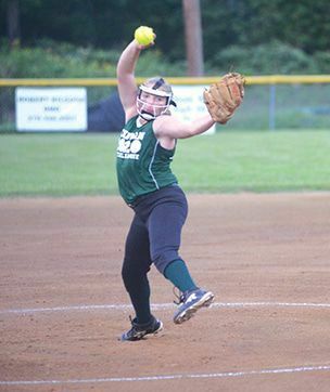 Brooklyn Rutherford had a masterful performance on the mound to lead the Miners Exchange Bank softball team to victory Thursday. PHOTO BY KELLEY PEARSON